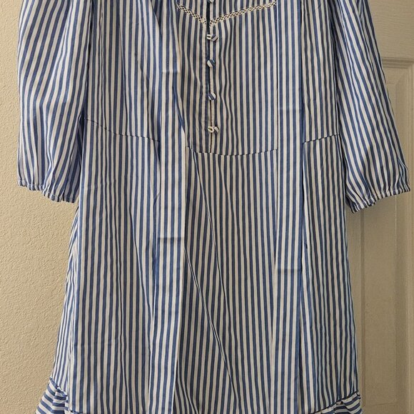 Boho Cottagecore NWT blue stripe midi Peasant Coastal dress embroider pocket XL - Picture 10 of 13